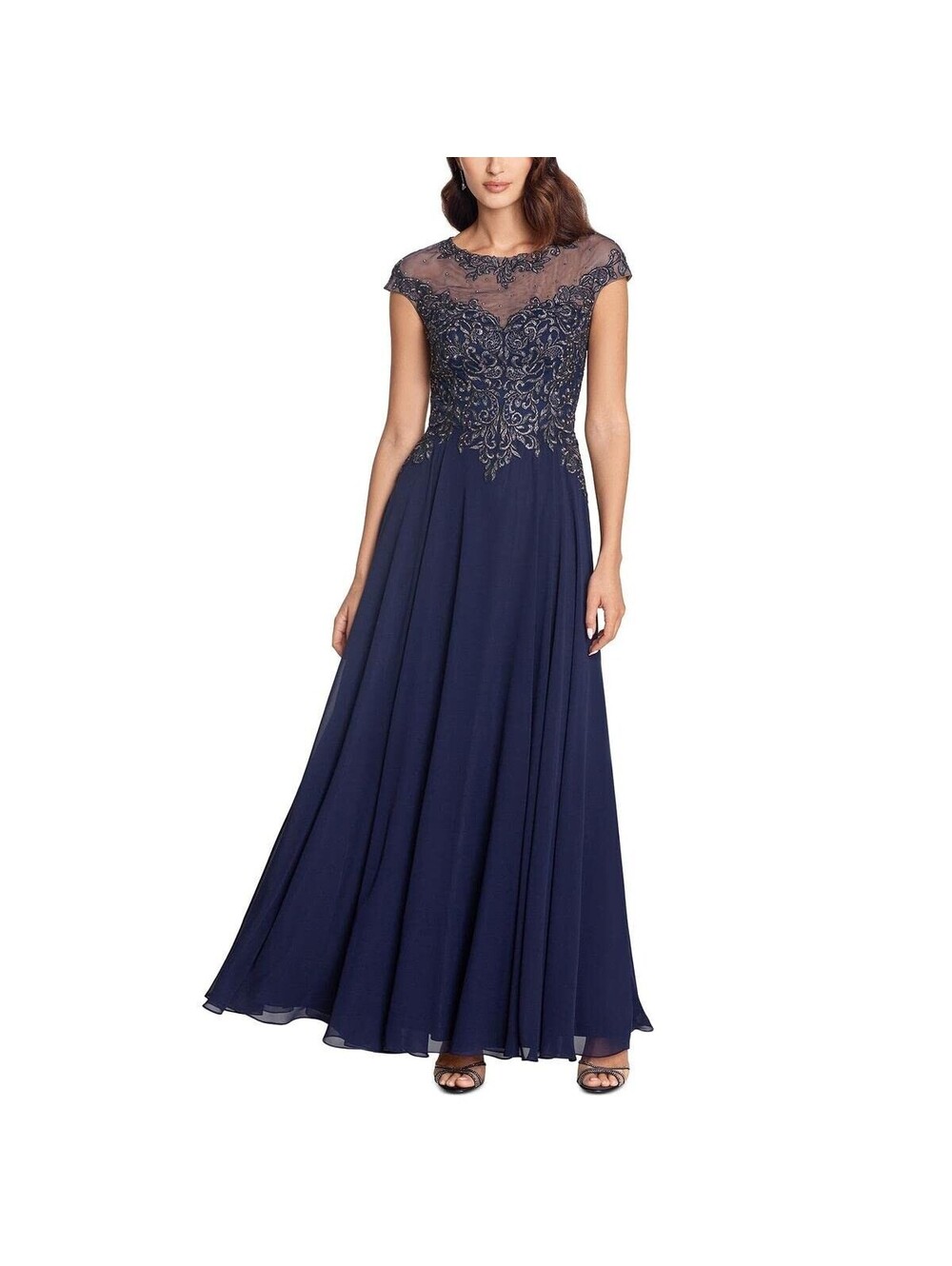 Xscape Long Chiffon with Embroidered/Beaded Top Navy/Gunmetal 16